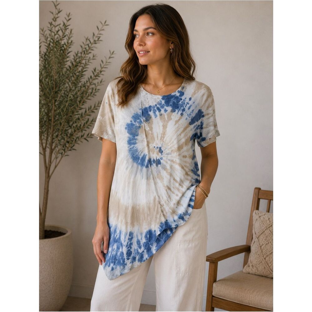 Belle France Tie Dye Cotton Blend Asymmetrical Hem Top Blouse Size M